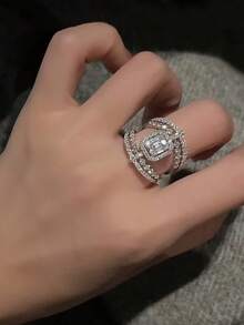 1 Pair Fashionable Luxurious Exquisite Inlaid Sparkling Cubic Zirconia Design Elegant Adjustable Copper Ring, Suitable For Wedding, Banquet, Party And Gathering - Silver - View 3