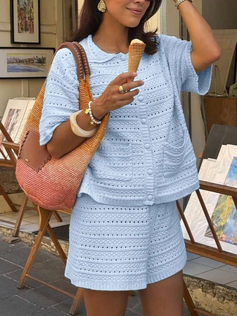 女士两件套，春夏短袖纯色开衫+松紧腰短裤，休闲可爱宽松度假沙滩两件套 - 淺藍色 - 查看 1