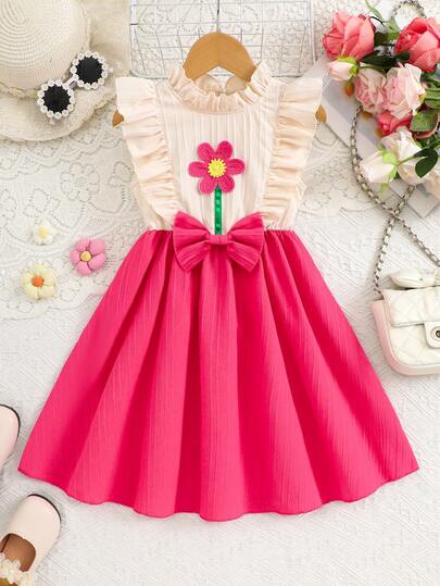 Girl's Summer Sleeveless Dress With Floral Embroidered Top. The Pink Flowing Skirt With Bow Design Adds A Vintage Sweet Touch; Sleeveless Flutter Sleeves With Ruffles Are Lively And Flowing, Breathable And Comfortable.