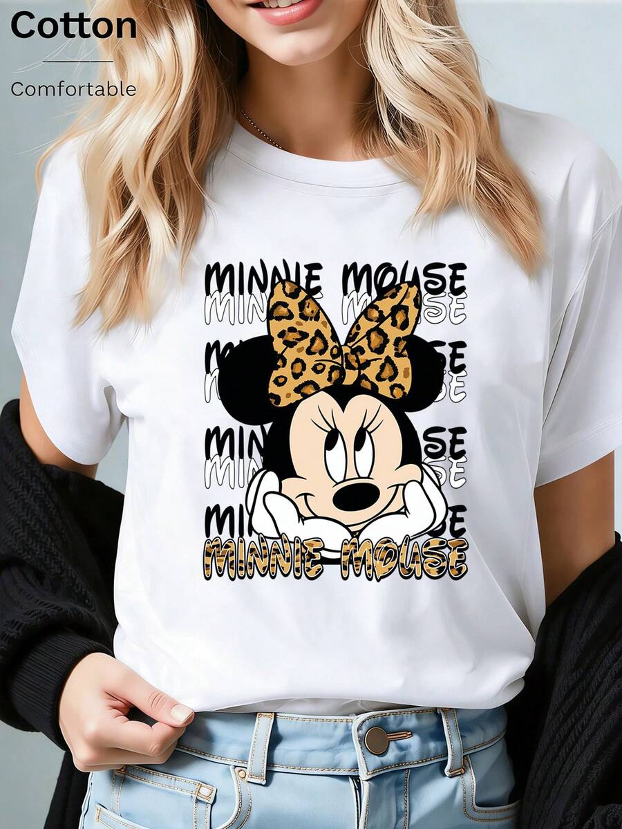 Disney (Loose Version)Comfortable Minnie Mouse Leopard Bow Print Cotton Short Sleeve T-Shirt For Women Short-Sleeved Round Neck Casual Shirt Necessary In Summer, Suitable For Summer And Spring, Holiday Gift Party Clothing, Ladies' Clothing. - 白色 - 查看 1
