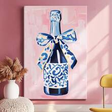 1pc Blue Summer Wall Art, Beach Decor, Ocean Wooden Framed Wall Art, Wrapped Canvas Vintage Prints Poster, Wine Bottle, Blue Bow, Patterned Ribbon - Abstract, Abstract, Whimsical, Contemporary Style, Perfect Gift Decor, Wall Art for Living Room Bedroom Office, Hanging Hardware Included - Wrapped Framed Canvas, Vertical - Lienzo enmarcado - Ver 2