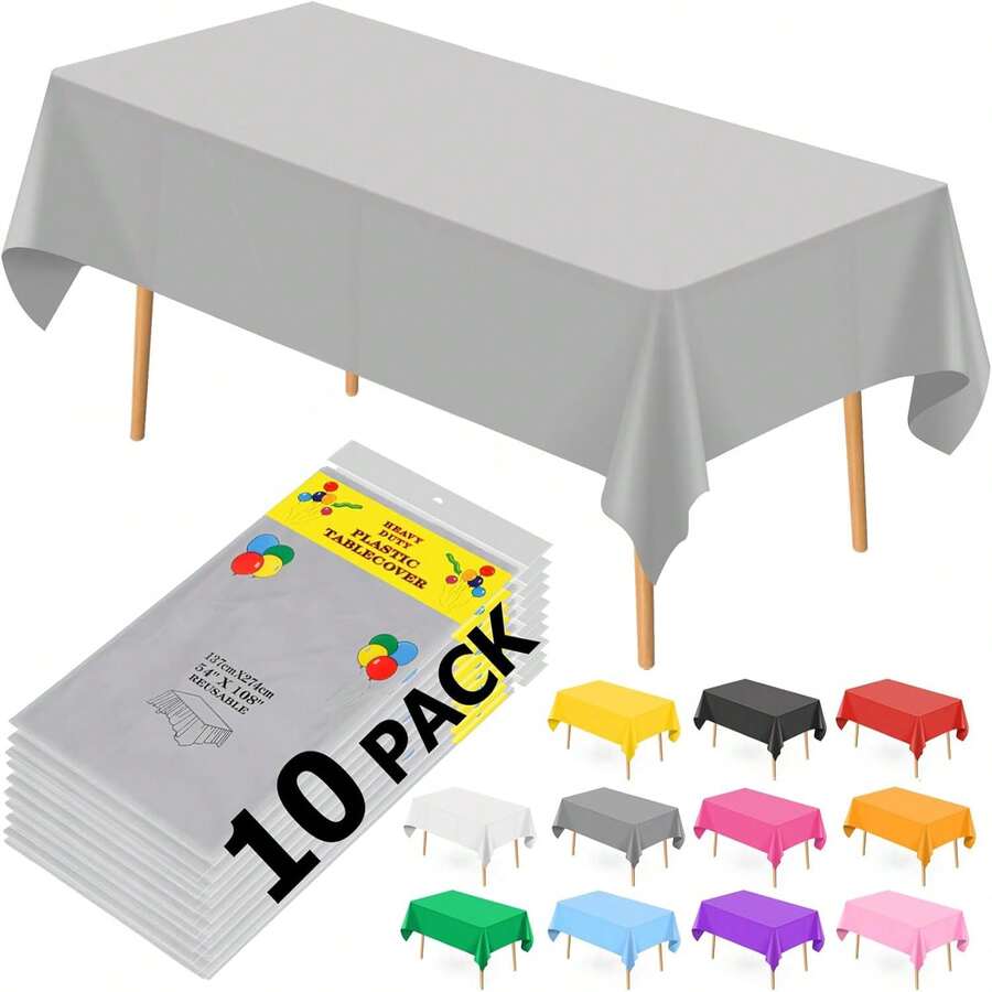 Bộ 10 khăn trải bàn nhựa màu hồng đậm, kích thước 54" x 108", khăn trải bàn dùng một lần hình chữ nhật, khăn trải bàn nhựa dùng cho các bữa tiệc. - bạc - Xem 1