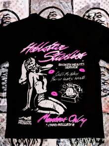 Hellstars Broken Hearts Service Pin-Up Y2K Graphic T-Shirt,220g 100% Cotton,Round Neck Short Sleeve,Black Streetwear Essential For Summer Going Out,Unisex Style - màu đen - Xem 1