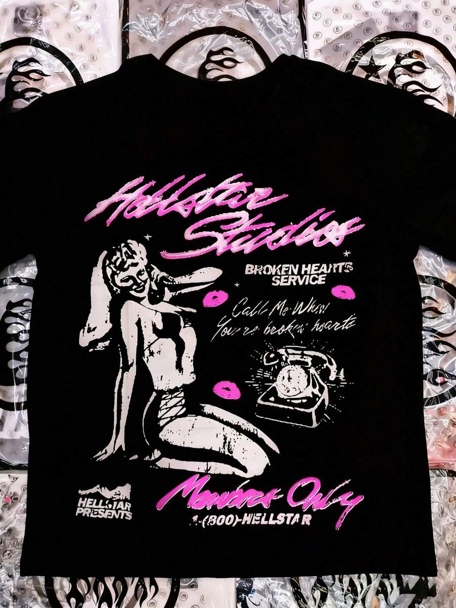Hellstars Broken Hearts Service Pin-Up Y2K Graphic T-Shirt,220g 100% Cotton,Round Neck Short Sleeve,Black Streetwear Essential For Summer Going Out,Unisex Style - màu đen - Xem 1
