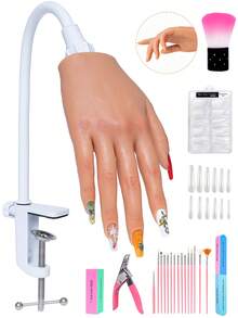 Veikmv Acrylic Nail Practice Hand, With Soft Silicone Rubber Fake Hand For Acrylic Nail & Gel Nail Practice, Beginner Set With Nail Brush And File Included - Apricot - View 2