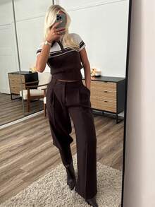 Women's Minimalist Elegant Minimalist Sexy Mori Girl Academy Knit Top, Spring/Summer - Dark Coffee and Off-white - View 3