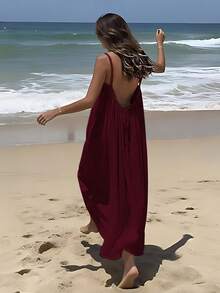 Women's Solid Color Cami Lounge Dress, Elegant Sleeveless Long Dress For Summer, Ladies Sleepwear For Indoor Wear,Summer Outfits,Vacation Outfits Women - Màu Đỏ Sâu - Xem 2