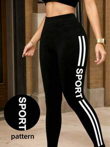 女士高腰运动印花七分紧身裤，弹力收腹瑜伽裤，适合跑步、健身、日常休闲穿着 - 黑色 - 查看 6