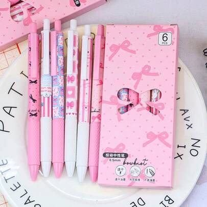6pcs/Box Pink Bow Gel Pens, 0.5mm Fine Tip, Smooth Writing, Suitable For Office, Classroom, Teens, Adults, Home, School, Exams, Holidays, Gifts (Random Style)