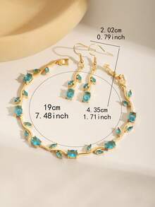 三件套高品质电镀不褪色闪亮锆石网球手链和耳环，独特花叶设计，多种颜色可选，女士日常/节日金色配饰，新娘首饰，伴娘首饰，母亲节/情人节/圣诞节礼物 - 金色 - 查看 3