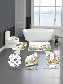 四件套绿色花卉鹦鹉春夏主题浴室浴帘套装，包含浴垫、U型马桶盖套、防水浴帘、现代风格浴室隔断帘，无需钻孔，涤纶材质，可机洗。 - 鳥 - 查看 8