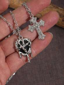 Bộ 2 dây chuyền mặt hình trái tim và thánh giá đính đá lấp lánh, dây chuyền thánh giá sang trọng, dây chuyền thời trang, quà tặng ngày Valentine. - Bạc - Xem 4