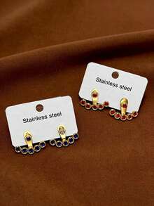 3 pares de pendientes con forma de abanico de acero inoxidable con rhinestones, pendientes ajustables de personalidad de diseño minimalista y de lujo versátiles para mujeres, con uso delantero y trasero desmontable - Multicolor - Ver 7