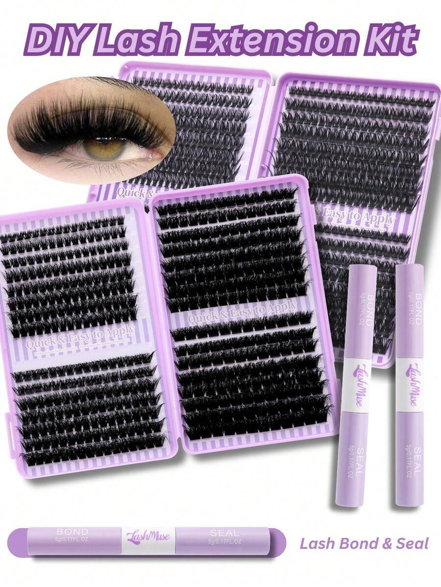 1088pcs/448pcs/640pcs False Eyelashes Set, High Capacity Individual Lash Clusters, 50D/60D/80D/100D/120D/150D/200D D-DD Curl Lashes, 0.31-0.63inch, DIY Fake Lashes, With Lash Glue, Natural & Thick, Delicate & Lightweight, Super Soft, Reusable, Individual Cluster Lashes, Eyelash Extension Kit, Suitable For Travel, Daily Wear (Beginner Friendly), Wedding, Date, Party, Holiday, Also Great As Christmas/Halloween/Gift Lashes Set - 黑色 - 查看 1