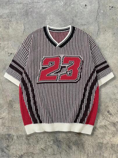  ANDREILEE 春夏男女通用V领条纹纹理撞色提花复古运动街头休闲通勤短袖针织衫，杏色毛衣