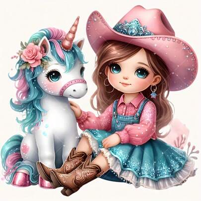 1/2张粉色西部牛仔和独角兽热转印贴纸，可水洗熨烫，适用于DIY T恤、卫衣、连帽衫、牛仔裤、书包、抱枕和节日装饰品。