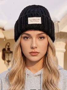 CAMEL CROWN Gorro de tricô para outono/inverno, gorro de lã quente, faixa de cabeça de lã grossa, gorro moderno à prova de vento com elástico - Noite Escura Preta - Ver 2