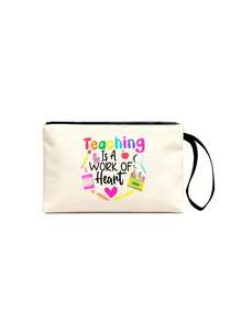 教师节礼物 - 大容量时尚手提袋，印有“教师电池寿命”字样，内设化妆袋，适合教育工作者和学校员工。 - 米色 - 查看 4