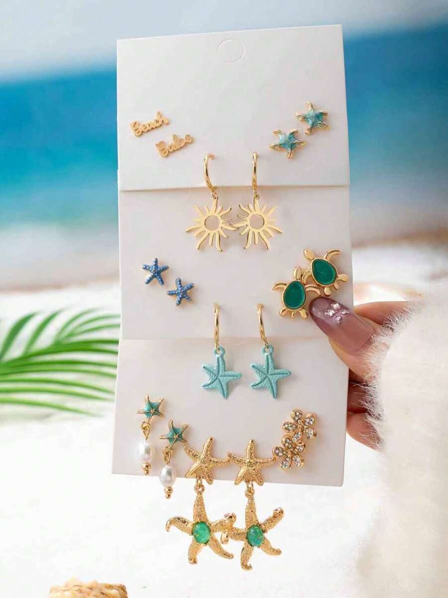 Bộ 3 đôi bông tai hình rùa biển và sao biển chủ đề kỳ nghỉ hè cho nữ, kiểu dáng bohemian tối giản, kiểu dáng đinh tán và thả, trang sức chủ đề đại dương. - Nhiều màu - Xem 1