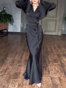 2pcs Women's Elegant Solid Color Long Sleeve Top And Skirt Set Spring Black - Black - View 9