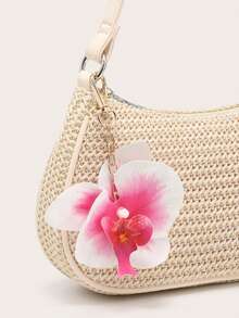 女士休闲编织腋下单肩包，轻便时尚，沙滩度假风，饰有蝴蝶吊坠，适合购物和度假 - 杏色 - 查看 6