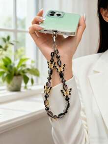 1pc Retro Black Gold Enamel Butterfly Crystal Beaded Phone Lanyard, Elegant Wrist Chain, Bag Charm - Multicolor - View 5