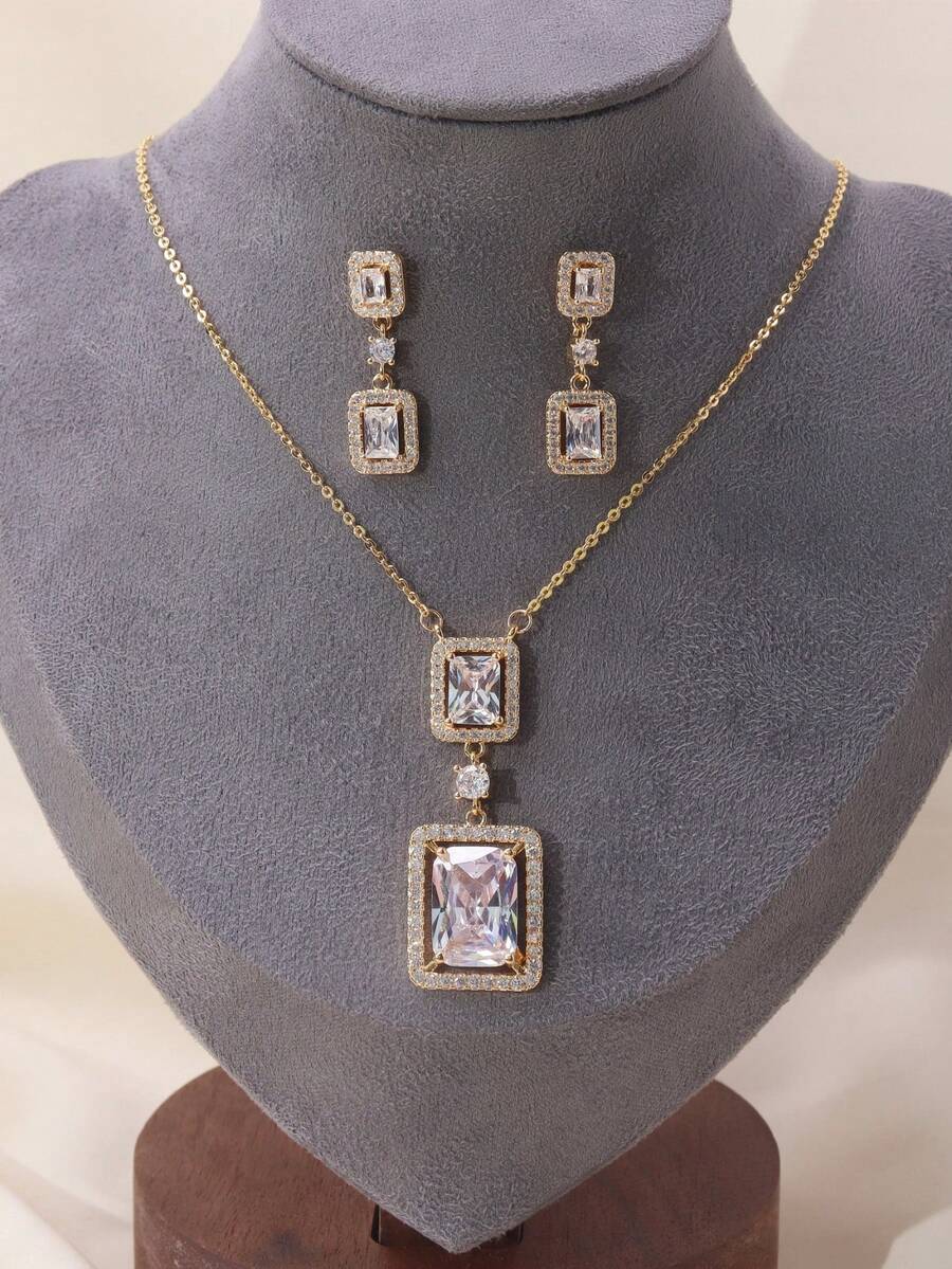 1 Set de joyería elegante y de alta gama con diseño geométrico cuadrado de estilo clásico del Medio Oriente con circonita, adecuado para bodas, fiestas y reuniones - Pendientes - Ver 1