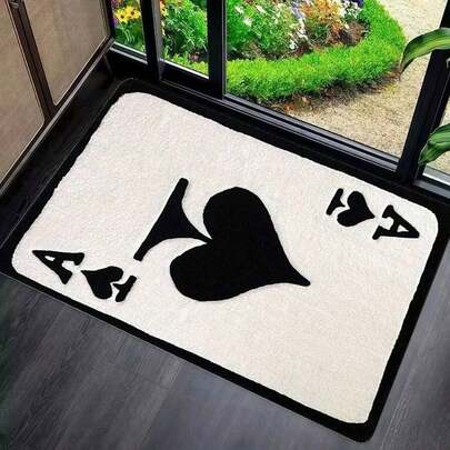 1pc Creative Ace Of Spades Flannel Printed Doormat Non Slip Absorbent Machine Washable Flannel Carpet Floor Mat Decorative Mat For Living Room Bedroom Kitchen Gaming Room