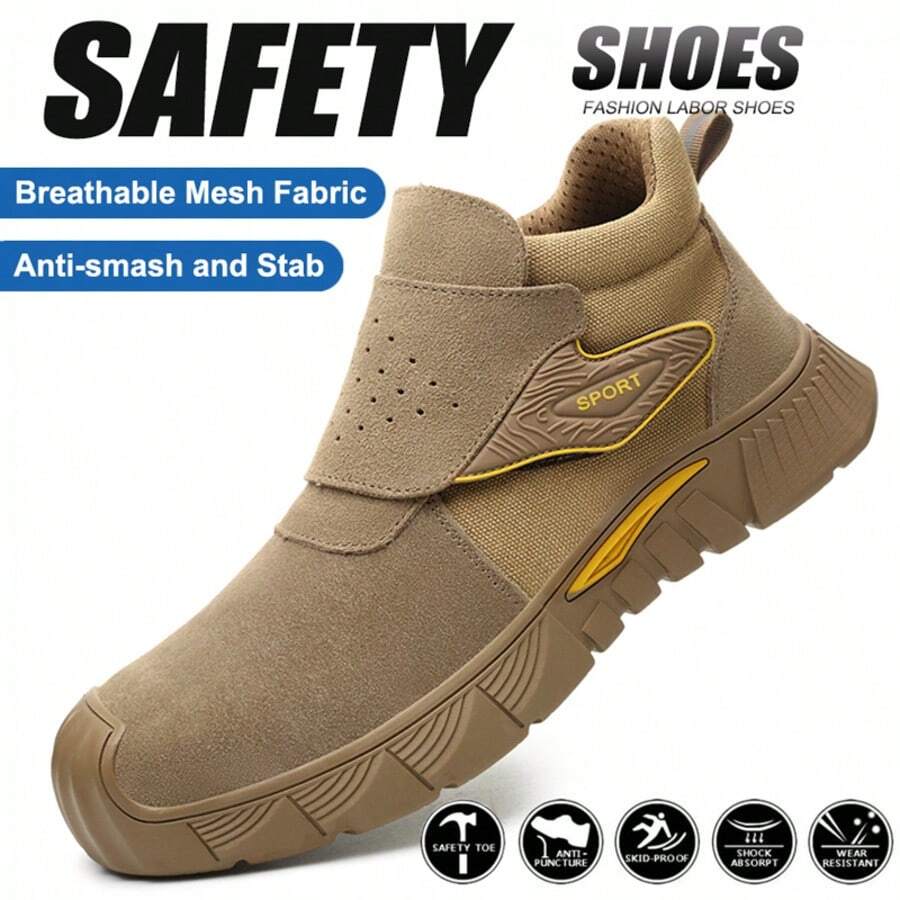 Khaki Men Steel Toe Welder Boots Slip Resistant Work Safety Shoes Men Four Seasons  Anti Slip Steel Toe Anti Puncture Brown Work Shoes Construction Industrial Work Safety Sneakers Men Indestructible Puncture Proof Work Boots For Men For Industrial And Construction Work, Welding Shoes, Toe Protection Slip-On Labor Protection Shoes - 卡其色 - 查看 1