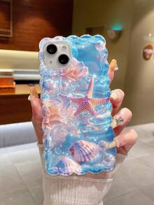 Ocean Starfish Printed Wavy Edge Transparent Printed Shock-Resistant Stylish Cute Case Compatible With Iphone 17/17 Pro/17 Pro Max, 16/16 Pro/16 Pro Max, 16 Plus, 10 - Multicolor - View 1