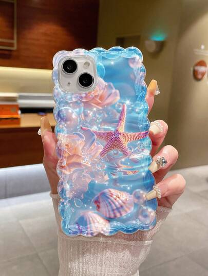 Ocean Starfish Printed Wavy Edge Transparent Printed Shock-Resistant Stylish Cute Case Compatible With Iphone 17/17 Pro/17 Pro Max, 16/16 Pro/16 Pro Max, 16 Plus, 10