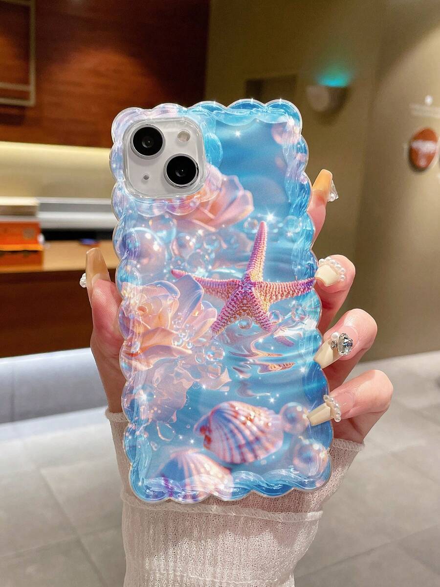 Ocean Starfish Printed Wavy Edge Transparent Printed Shock-Resistant Stylish Cute Case Compatible With Iphone 17/17 Pro/17 Pro Max, 16/16 Pro/16 Pro Max, 16 Plus, 10 - Multicolor - View 1