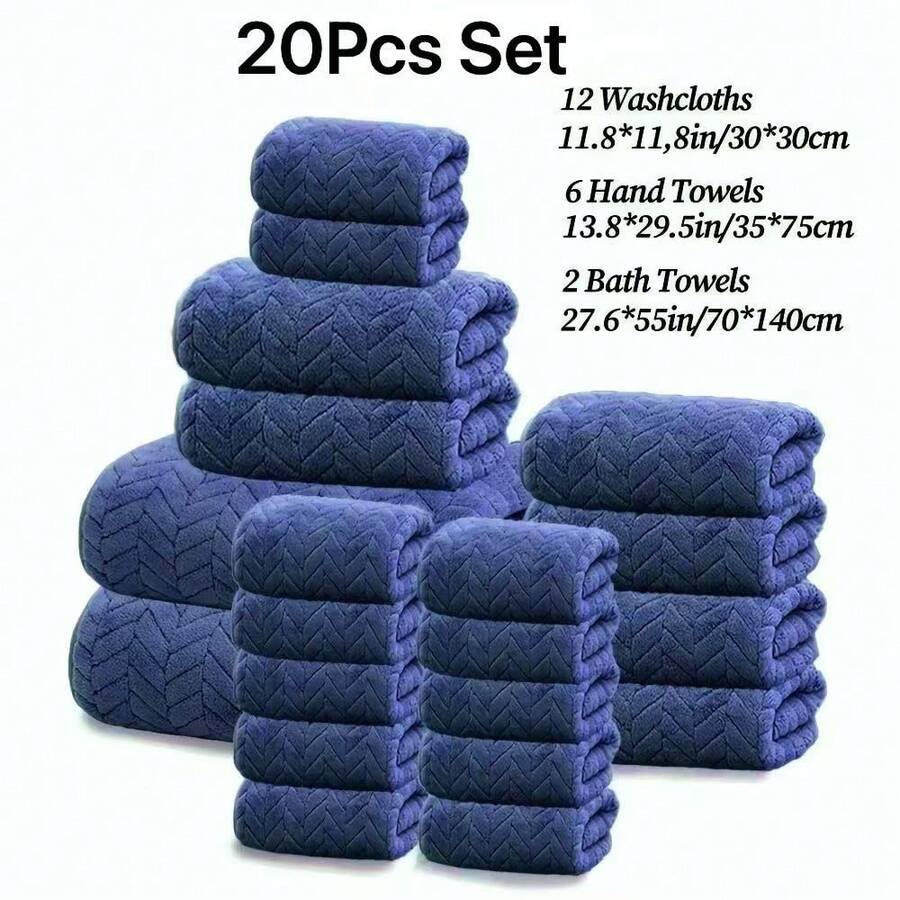 This 20-Piece Bathroom Towel Set Includes 12 Face Towels, 6 Bath Towels, And 2 Large Bath Towels. Available In Multiple Colors, These Soft And Comfortable Towels Are Suitable For Family Members, Bathrooms, Gyms, Swimming Pools, Beaches, Vacations, Hotels, Outdoor Activities, Beauty Salons, And More. - 20 miếng bông lúa mì màu xanh kết hợp - Xem 1
