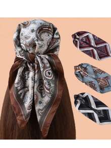 1pc 70*70cm Women's Bohemian Style Square Silk Scarf, Women's Satin Printed Headscarf, Neckerchief, Headband, Fashion Women's Shawl, Scarf - Coffee Brown - View 1