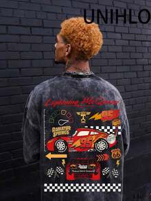 Disney Lightning McQueen  Printed Summer Heavyweight Retro Washed Street Fashion Casual T-Shirt - 黑色 - 查看 2