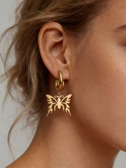 Pendientes de botón con alas de mariposa de color dorado para mujeres, joyería estética de acero inoxidable, al por mayor 2025 nueva