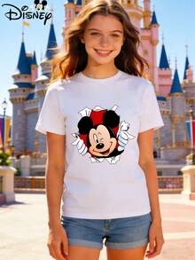Women's Casual Mickey Mouse Print T-Shirt, Short-Sleeve Pure Cotton Crew Neck Top, Fun Disney Design, Comfortable Crew Neck Loose-Fit Women's T-Shirt | Disney Mickey Mouse Fun Theme | Summer Vacation Outfit - White - View 2
