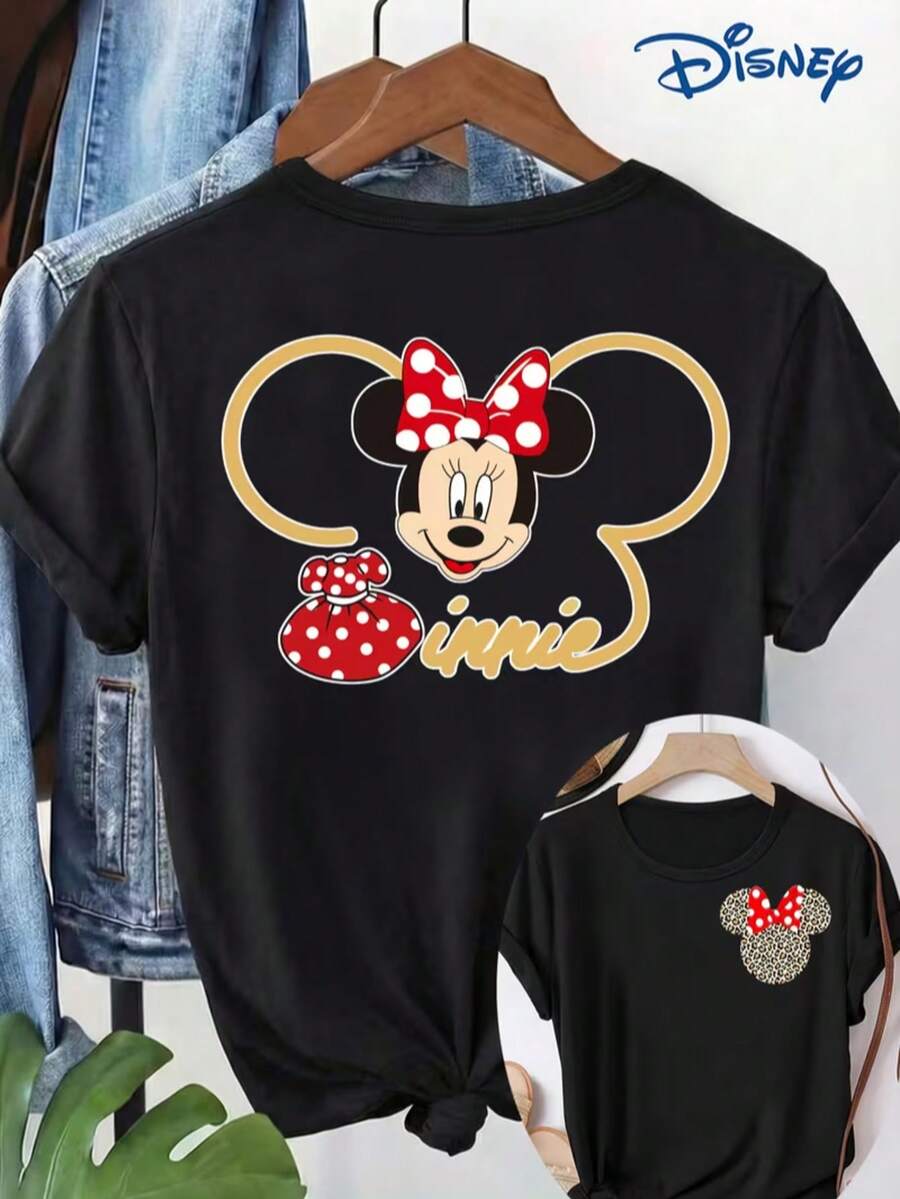 Women's Short-Sleeved T-Shirt, Double-Sided Print On The Front And Back, Featuring Disney Theme And Mickey Mouse Cartoon Image Print. Casual And Stylish Short-Sleeved T-Shirt, Slightly Stretchy, Non-Transparent, Easy-Care Material, Ideal For Everyday Wear. - 黑色 - 查看 1