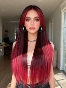 28-Inch Long Straight Hair Layered Wig With Gradient Burgundy Synthetic Hair, For Women's Daily Use And Parties - Red Ombre - View 2