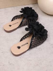 1 Pair Girls' Mesh Embroidered 3D Flower Peep-Toe Flat Sandals, Suitable For Spring And Summer, Princess Shoes - Black - View 3