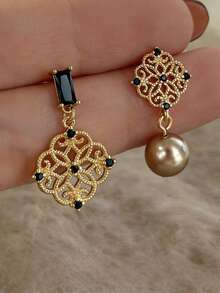 1 Đôi bông tai dáng dài bất đối xứng kiểu Pháp cổ điển dành cho nữ - Vàng đen đính đá pha lê và ngọc trai màu sâm panh, trang sức retro thanh lịch cho tiệc tùng và đám cưới. - Vàng - Xem 6