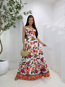Women's Floral Long Dress, Loose Fit, Elegant, Lined, Printed - 橙色印記 - 查看 4