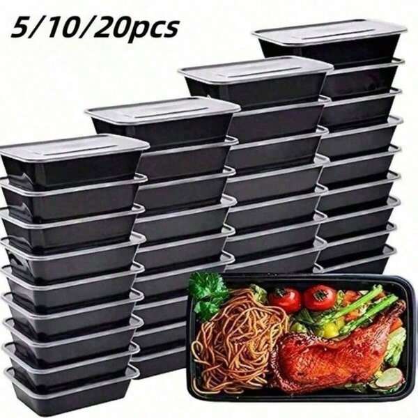 5/10pcs Black Square Chinese Takeaway Food Container Suitable For Cooking, A 650ml/20oz Heat-Resistant Lunch Box Suitable For Outdoor Use - A Plastic Storage Container Suitable For Kitchen Microwave Ovens, Reusable, Easy To Open Lid, Sturdy And Leak Proof, Suitable For Microwave Refrigerators And Dishwashers, Plastic Storage Tray With Lid, Black
