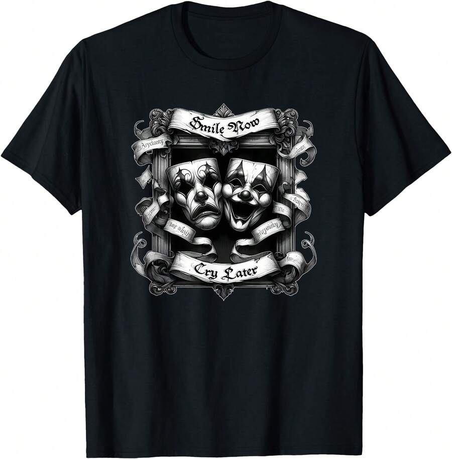 Smile Now CRY Later Gothic  Chicano Art Sad Clown Masks T-Shirt Women's T-Shirt Black Soft Cotton Graphic Print T-Shirts For Stylish And Versatile Casual Wear In Daily Life, Parties, And Outings, Sizes S - 3XL, High Comfort & Stretch. - 黑色 - 查看 1