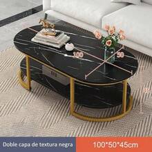 Moderno Veteado Doble Capa De Mármol Auxiliar Mesa De Centro Negro - Negro - Ver 2