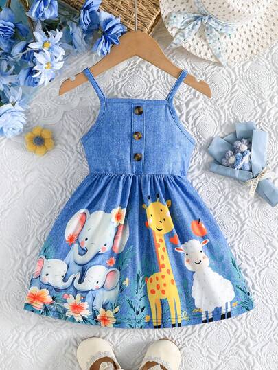 0-3岁女婴牛仔背带裙，森林动物印花，透气夏季连衣裙