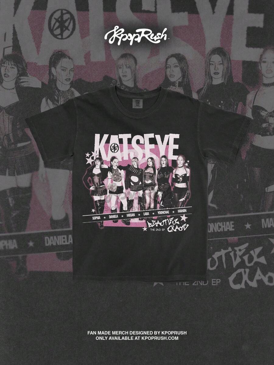 KATSEYE Beautiful Chaos Tour Vintage T Shirt Gabriela Tee Eyekon Merch Kpop Fan Gift Sophia Manon Lara Daniela Megan Yoo - 黑色 - 查看 1
