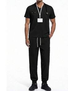 Blue Short Sleeve Medical Uniform Set, Doctor/Nurse Outfit, Surgical Scrubs For Men - Black - View 4