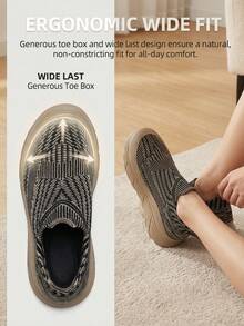 Women's Wide Toe Box Knit Sneakers With Thick EVA Platform – Fashionable Slip-On Design In Black & Beige Abstract Print – Comfortable All-Day Wear - Black Coffee - View 6