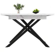 Telescopic Dining Table (120-160 Cm), Extendable Table, Space-Saving Kitchen Table, Black Iron Crossed Legs, For Kitchen And Living Room, White Marble Dining Table - White - View 7